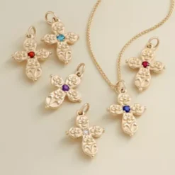 Floret Gemstone Cross Charm -Charmora Shop CM 5794 14Y gw