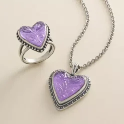 Sculpted Heart And Tulips Layered Gemstone Pendant -Charmora Shop SculptedHeartsTulips Purple col